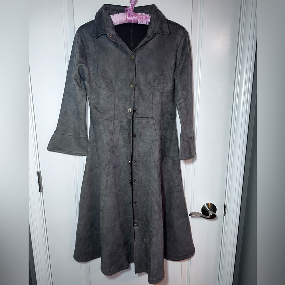 Lemon Curve Faux Suede Button Front Midi Dress Gray Dark Academia